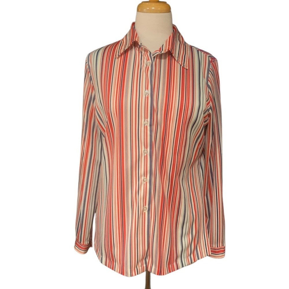 Vntg 70’s button up long sleeved red, white and blue vertical striped shirt